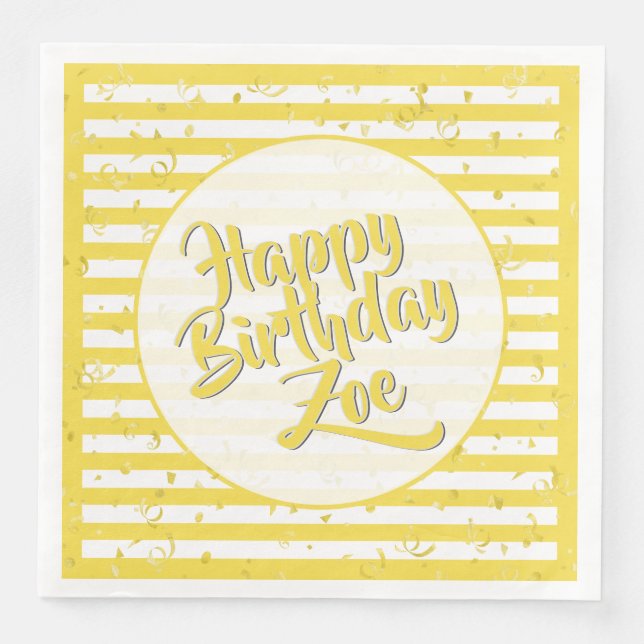Serviette En Papier Nom Joyeux Anniversaire Jaune Stripes Motif (Devant)