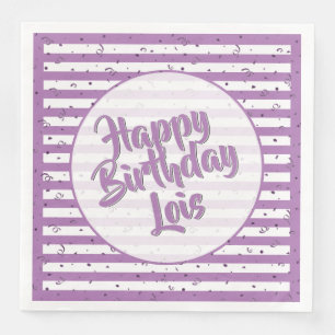 Serviette En Papier Nom Joyeux Anniversaire Lavande/White Stripes Moti
