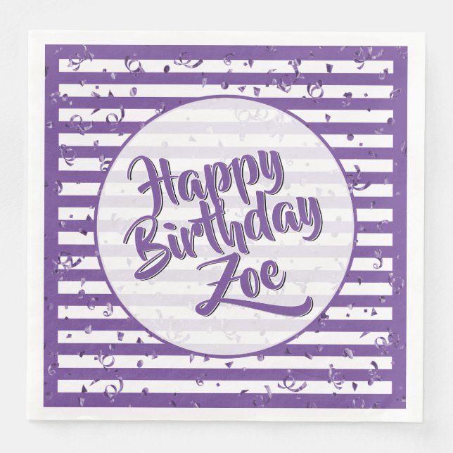 Serviette En Papier Nom Joyeux Anniversaire Purple Simple Stripes Moti (Devant)