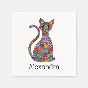 Serviette En Papier Nom lunatique coloré de monogramme de chat de