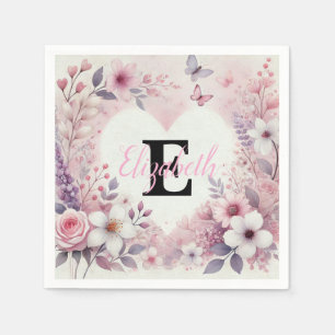 Serviette En Papier Nom monogramme coeur floral amoureux aquarelle