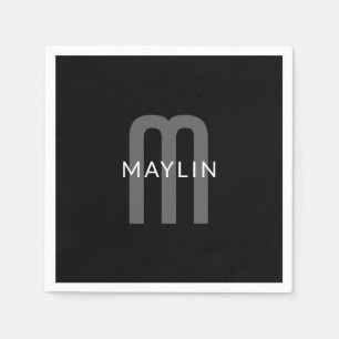 Serviette En Papier Nom Monogramme d'apparence moderne Noir gris bla