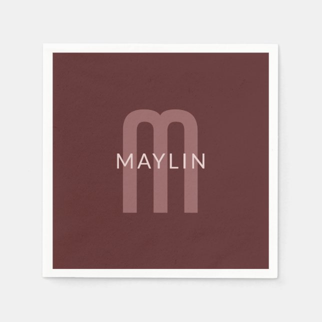 Serviette En Papier Nom Monogramme d'apparence moderne | Rouge marron (Devant)