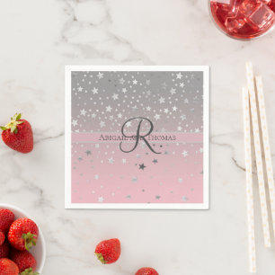 Serviette En Papier Nom Monogramme Rose Gris Argent Étoiles Mariage