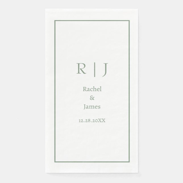 Serviette En Papier Nom Monogramme Vert Sauge Mariage Élégant Minimali (Devant)