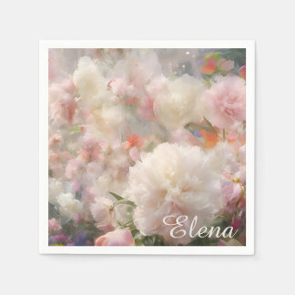 Serviette En Papier Nom Peinture Aquarelle Pivoines Blanches et Roses