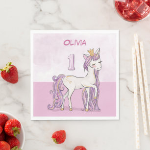 Serviette En Papier Nom personnalisé 1er anniversaire Cheval rose avec