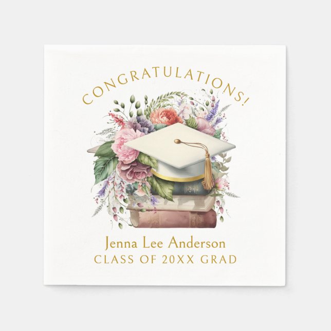 Serviette En Papier Nom personnalisé Aquarelle Floral Blanc Casquette (Devant)