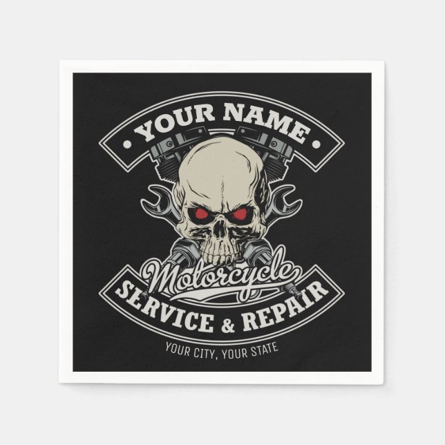 Serviette En Papier Nom personnalisé Biker Mécanique Skull Motorcycle  (Devant)