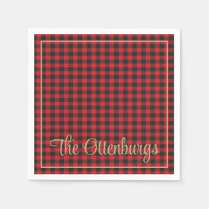 Serviette En Papier Nom personnalisé Buffalo Plaid Red Rustic Party