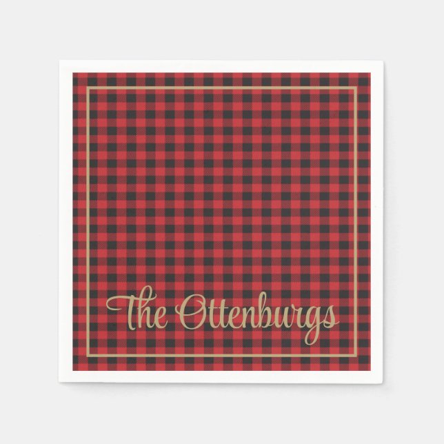 Serviette En Papier Nom personnalisé Buffalo Plaid Red Rustic Party (Devant)