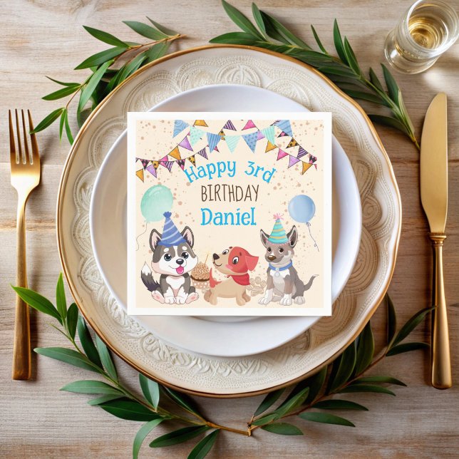 Serviette En Papier Nom personnalisé de la fête du chiot des chiots mi (Cute puppies puppy party personalized name napkins pawty dog themed party printed napkins)