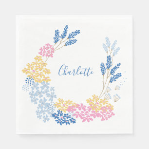 Serviette En Papier Nom personnalisé Floral Wreath Pastel Rose Bleu