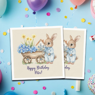 Serviette En Papier Nom personnalisé Lapin avec Fleurs Bleues Annivers