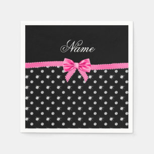 Serviette En Papier Nom personnalisé noir diamants rose arc