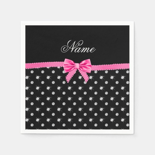 Serviette En Papier Nom personnalisé noir diamants rose arc (Devant)