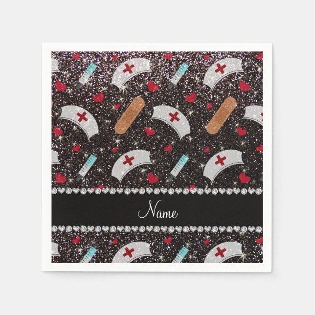 Serviette En Papier Nom personnalisé noir parties scintillant infirmiè (Devant)