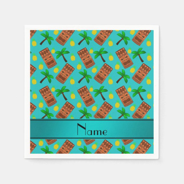 Serviette En Papier Nom personnalisé tiki turquoise ananas palmiers (Devant)