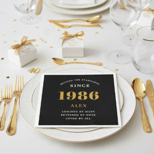 Serviette En Papier Nom pour 40e anniversaire 1986 Noir Or Élégant Chi