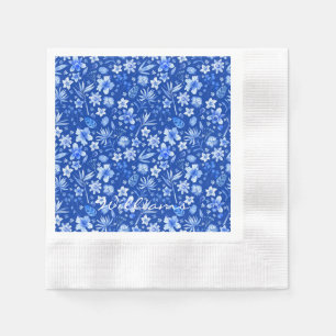 Serviette En Papier Nom sur Cobalt Blue Tropical Flowers Cocktail