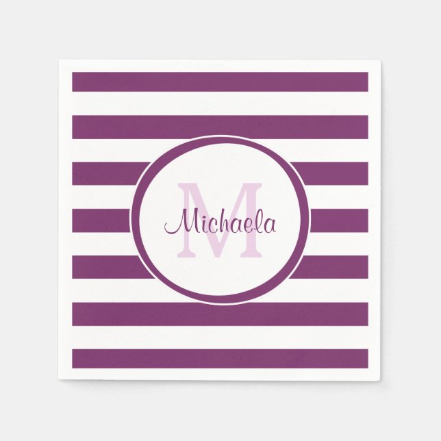 Serviette En Papier Nom Violet Simple Bengale Bandes Avec Monogramme (Devant)