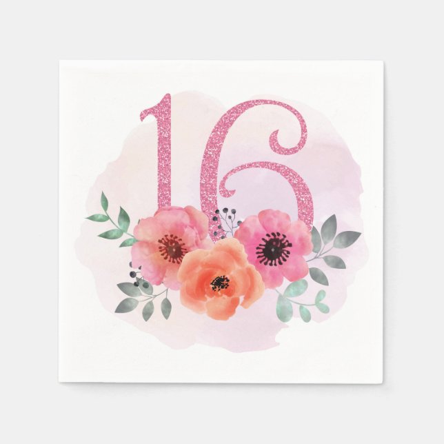 Serviette En Papier Nombre Seize avec fleurs (Devant)