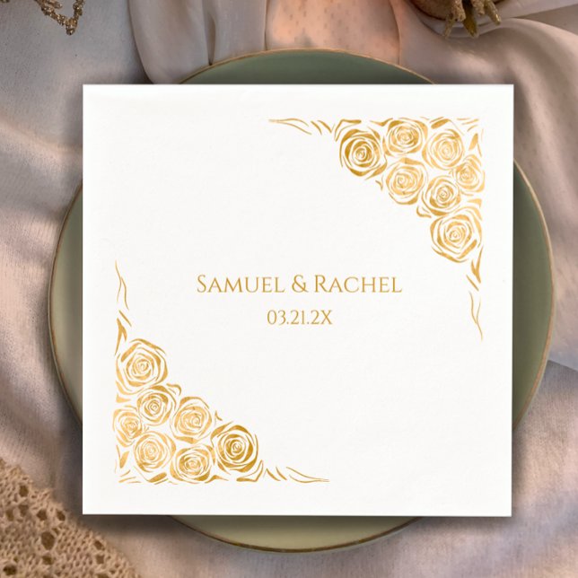 Serviette En Papier Noms de couple Date Main Drawn Gold Rose Mariage (Personalize these hand drawn roses overlaid with a golden gradient. Chic and unique wedding napkins.)