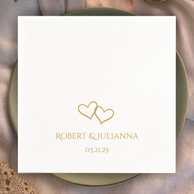 Serviette En Papier Noms de couple Date Simple Style Coeurs Mariage (Add couples names. simple elegant golden hearts. Stylish modern personalized wedding napkins.
)