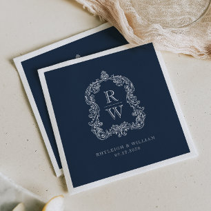 Serviette En Papier Noms de crête de monogramme vintage mariage bleu m