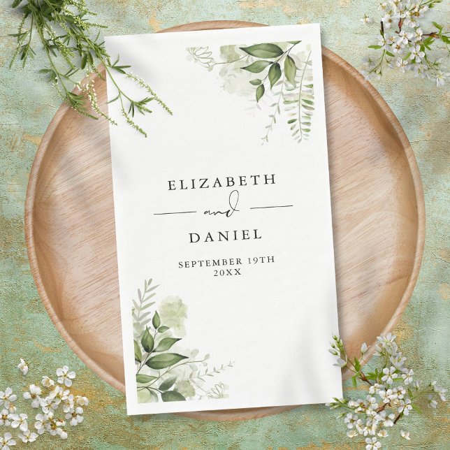 Serviette En Papier Noms de Fleurs de Verdure Rustique Date Élégante (Rustic Greenery Floral Elegant Names Date Paper Guest Towels)