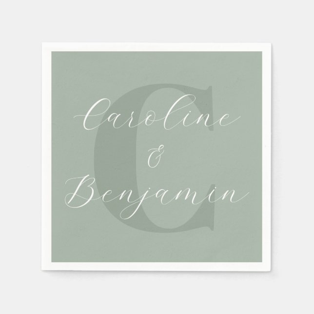 Serviette En Papier Noms de mariage chic en script monogramme vert sau (Devant)