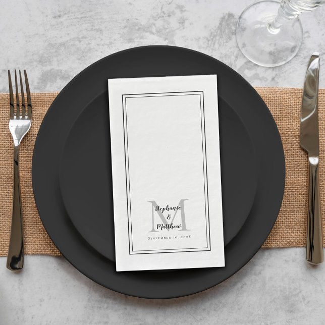 Serviette En Papier Noms de monogramme de mariage moderne & Date Noir  (Créateur téléchargé)