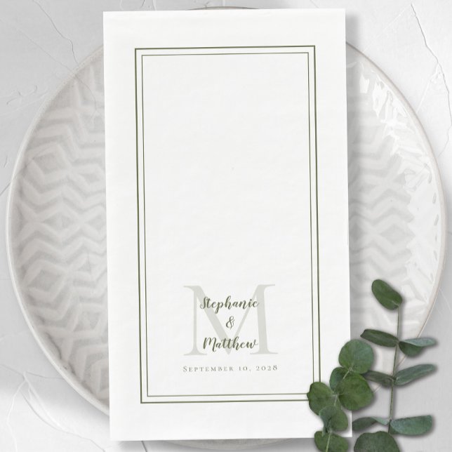 Serviette En Papier Noms de monogramme de mariage moderne & Date Vert  (Modern Wedding Monogram Names & Date Olive Green Paper Guest Towels)
