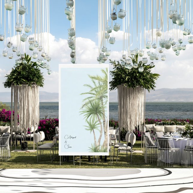 Serviette En Papier Noms de Script de Feuillage Tropical Mariage Bleu  (Créateur téléchargé)