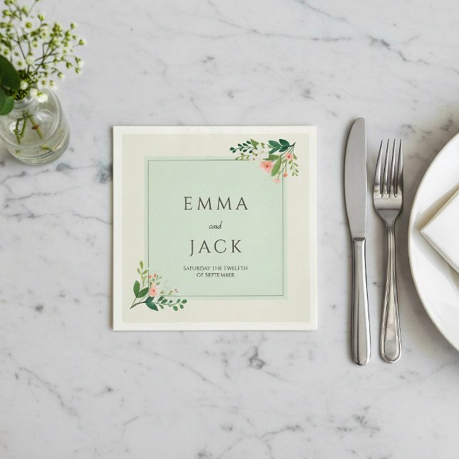 Serviette En Papier Noms et date de mariage de verdure rose tendre (Botanical frame, green wedding napkin with bride and groom names.)