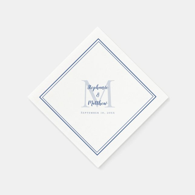 Serviette En Papier Noms et date Mariages modernes Monogramme Bleu (Coin)