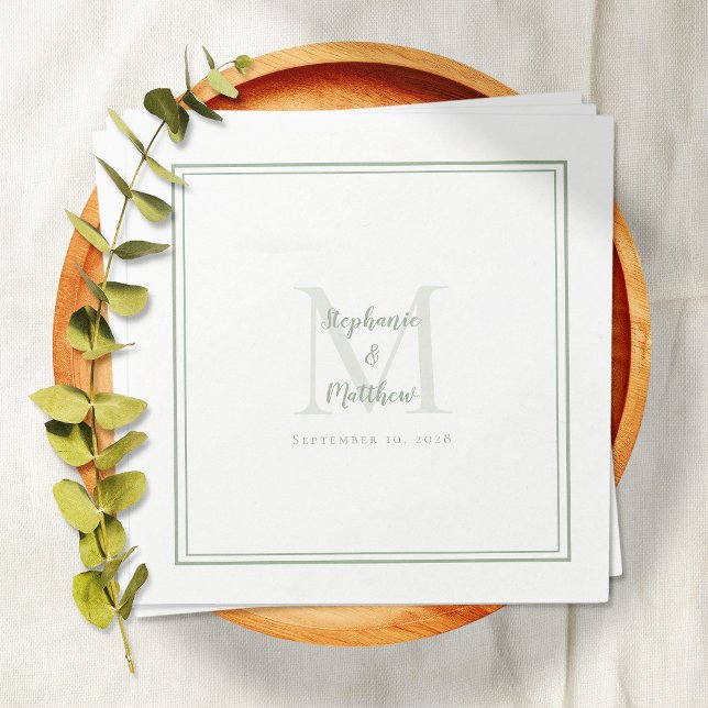 Serviette En Papier Noms Mariages modernes et date Monogramme Sage Ver (Modern Wedding Names & Date Monogram Sage Green Napkins)