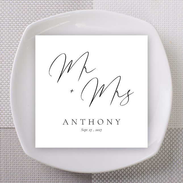 Serviette En Papier Noms personnalisés de mariage de M. et Mme Script (Elegant Mr & Mrs Script Custom Name Wedding Napkins)