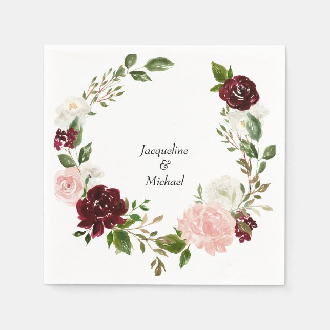 Serviette En Papier Noms Personnalisés Mariages Bourgogne et Blush Coc (Devant)