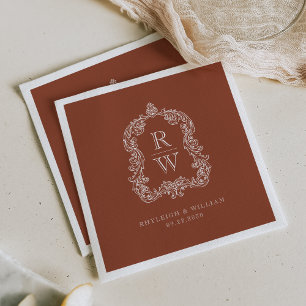 Serviette En Papier Noms vintages Monogramme Crest Terracotta Mariage