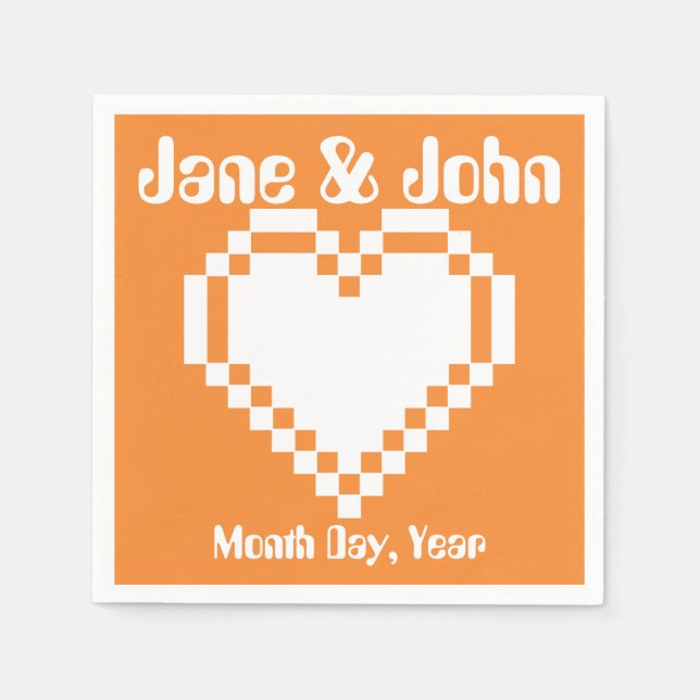 Serviette En Papier Nos cœurs 8 bits dans des serviettes orange (Devant)
