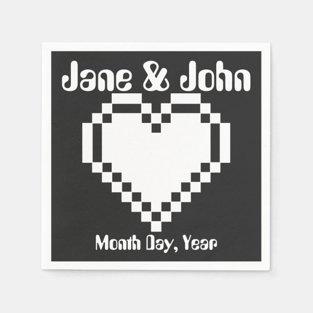 Serviette En Papier Nos Coeurs 8 bits en serviettes noires (Devant)