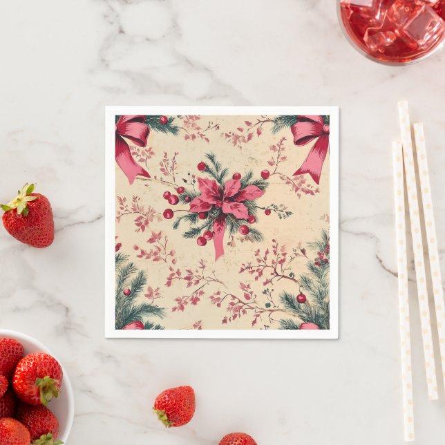 Serviette En Papier Nostalgique Holiday Pink Bows & Berries Découpage (En situation)