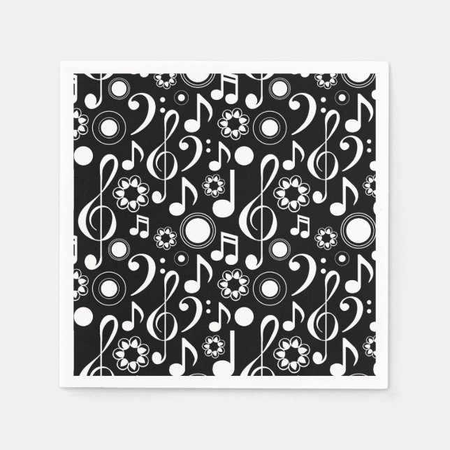Serviette En Papier Notes musicales et Clefs - Blanc sur noir (Devant)