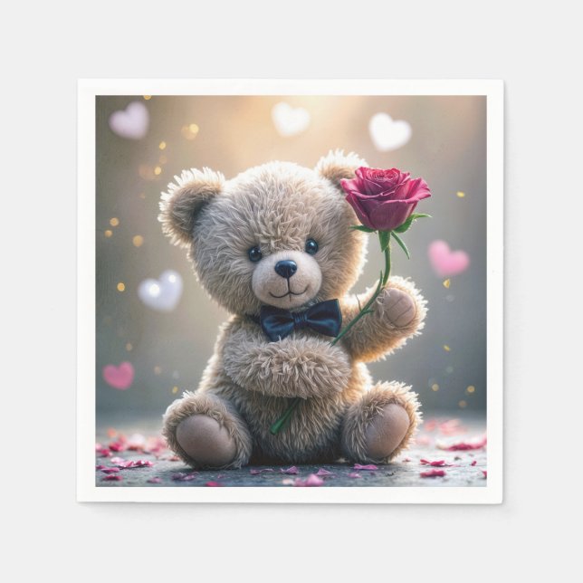Serviette En Papier Nounours avec rose rouge (Devant)