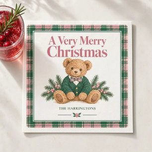Serviette En Papier Nounours Prépa ours en peluche rose et vert à carr