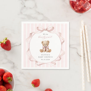 Serviette En Papier Nounours rose, ruban rose, rayures roses, Baby Sho