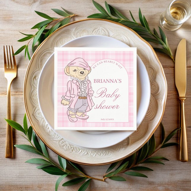 Serviette En Papier Nous pouvons attendre rose plaid baby shower monog (We can bearly wait pink plaid teddy bear baby shower monogrammed printed napkins personalized decor)