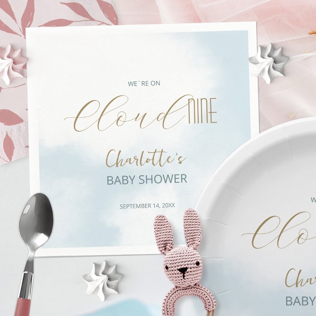 Serviette En Papier Nous sommes sur Cloud 9 Elegant Script Fête Prénat (We´re on Cloud 9 Elegant Script Blue Baby Shower Napkins ©Susanne Sachers - Sunny Mind 🌞)
