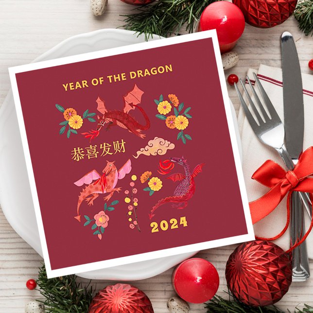 Serviette En Papier Nouvel An lunaire chinois du rouge dragon (Chinese Lunar New Year of the Dragon Red Napkins)